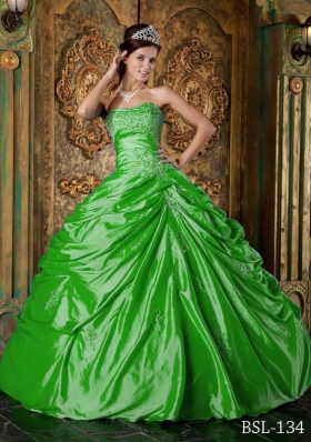 The Most Popular Green Puffy Strapless Appliques Decorate for 2014 Quinceanera Dress