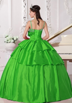 The Super Hot Spring Green Puffy Straps for 2014 Beading Quinceanera Dress