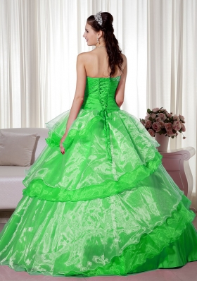 2014 Spring Green Puffy Sweetheart with Beading and Hand Made Flower Quinceanera Dress