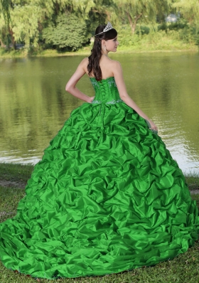 Cute Appliques and Pick-ups Brush Train Exquisite Style For 2014 Green Quinceanera Dress