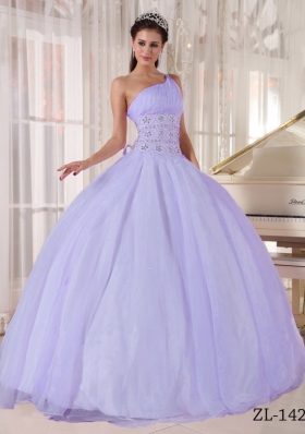 Puffy One Shoulder Floor-length Beading Quinceanera Dresses for 2014