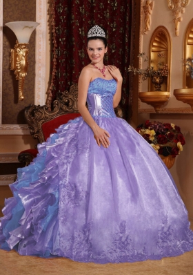 Puffy Strapless Ruffles and Embroidery Lavender Quinceanera Dress for 2014