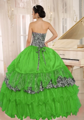 Wholesale Green Sweetheart 2014 Zebra Quinceanera Dress with Ruffles and Beading