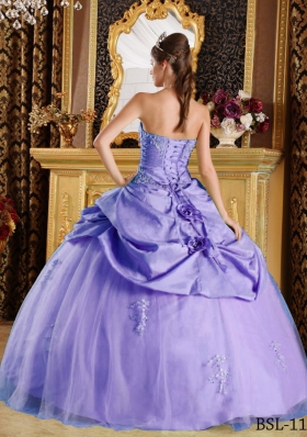 Lavender Puffy Strapless Beading Quinceanera Dresses with Hand Made Flower