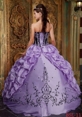 Cute Puffy Strapless 2014 Embroidery Lavender Quinceanera Dresses with Pick-ups