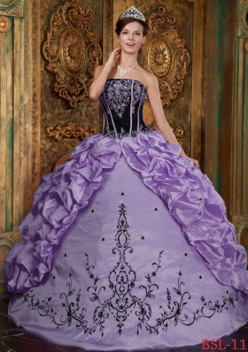 Cute Puffy Strapless 2014 Embroidery Lavender Quinceanera Dresses with Pick-ups