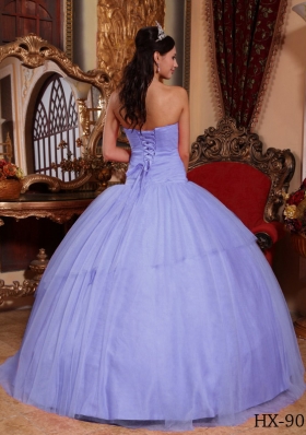 2014 Lavender Puffy Strapless Appliques Beading Quinceanera Dresses