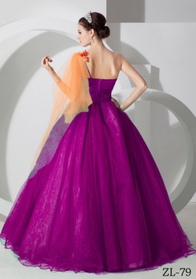 A-line One Shoulder Floor-length Organza Hand Made Flowers Prom Dress