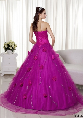 A-line Sweetheart Brush Train Tulle and Taffeta Hand Made Flowers Prom Dress