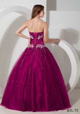 Ball Gown Strapless Floor-length Taffeta and Tulle Appliques and Beading Quinceanera Dress