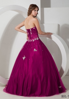 Ball Gown Strapless Floor-length Taffeta and Tulle Appliques and Beading Quinceanera Dress