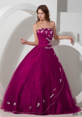 Ball Gown Strapless Floor-length Taffeta and Tulle Appliques and Beading Quinceanera Dress