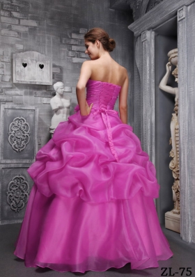 Fuchsia Ball Gown Sweethrart Floor-length Organza Beading and Ruch Quinceanera Dress