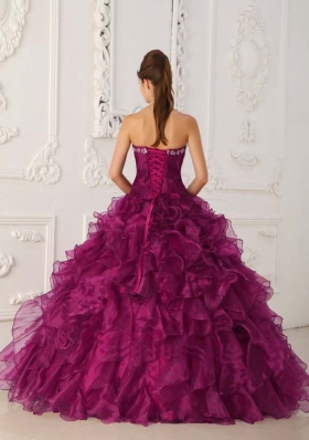 Fuchsia Strapless Organza Quinceanera Dress with White Embroidery