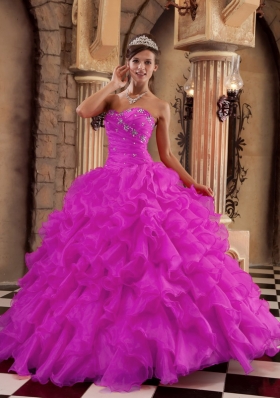 Fuchsia Sweetheart Organza Ruffles and Beading Dresses For a Quince
