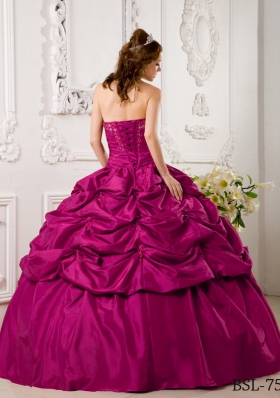 Hot Pink Ball Gown Sweetheart Floor-length Tafftea Appliques Quinceanera Dress