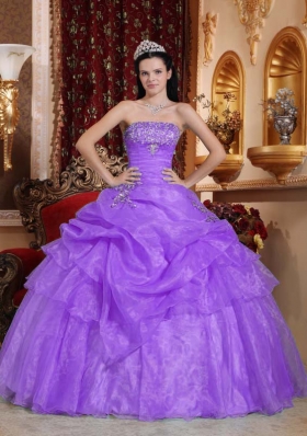 Lavender Puffy Strapless 2014  Beading Quinceanera Dresses with Appliques