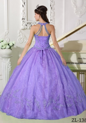 Modest Lavender Puffy Halter Appliques Quinceanera Dresses for 2014