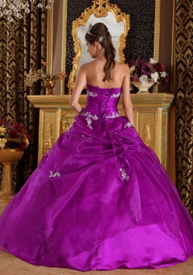 Strapless Fuchsia Organza and Satin Quince Dresses with White Appliques