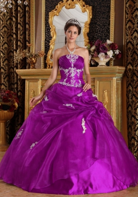 Strapless Fuchsia Organza and Satin Quince Dresses with White Appliques