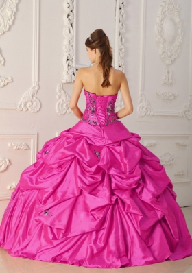 Strapless Taffeta Quinceanera Dress with Appliques and Pick-ups