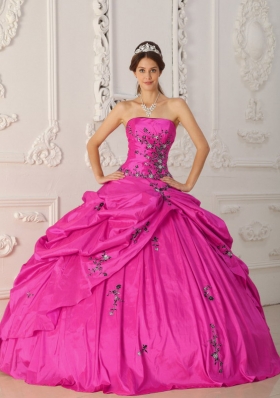 Strapless Taffeta Quinceanera Dress with Appliques and Pick-ups