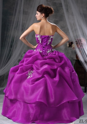 Sweetheart Organza Appliques Decorate Quinceanera Dress in Fuchsia