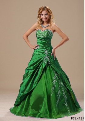 2014 Pretty Sweetheart Appliques Long Quinceanera Dresses with Ruched