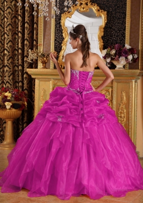 Appliques with Beading Sweetheart Organza Quinceanera Gown in Fuchsia