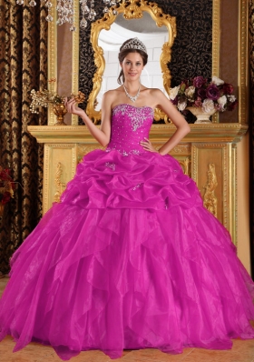 Appliques with Beading Sweetheart Organza Quinceanera Gown in Fuchsia