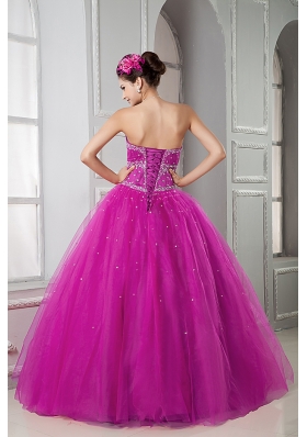 Discount Fuchsia Sweetheart Tulle Beaded Decorate Sweet 15 Dresses