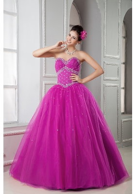 Discount Fuchsia Sweetheart Tulle Beaded Decorate Sweet 15 Dresses