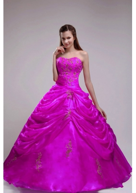 Elegant Fuchsia Strapless Orangza Applqiues and Pick-ups Quinceanera Dress