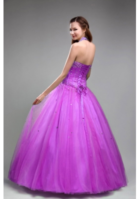 Halter Top Neck Tulle Beaded Decorate Bodice Dress For Quinceanera