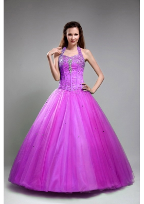 Halter Top Neck Tulle Beaded Decorate Bodice Dress For Quinceanera