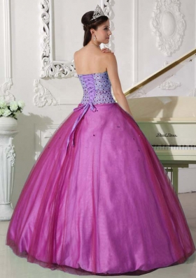 Lovely Fuchsia Sweetheart Tulle Beaded Decorate Quinceanera Gown