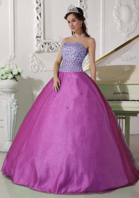 Lovely Fuchsia Sweetheart Tulle Beaded Decorate Quinceanera Gown
