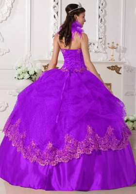 Luxurious Halter Top Taffeta Quinceanera Dress with Lace Appliques