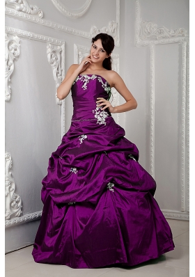 Strapless A-line Taffeta Sweet Sixteen Dresses with White Appliques