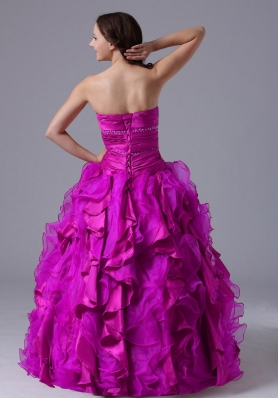 Strapless Fuchsia Beaded Decorate Bust Quinceanera Dress with Ruffles