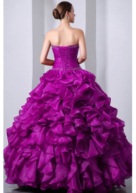 Sweetheart Organza Fuchsia Quinceanea Dress with Beading and Rufffles