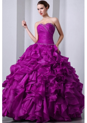 Sweetheart Organza Fuchsia Quinceanea Dress with Beading and Rufffles