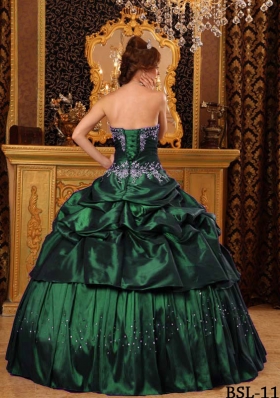 Cheap Ball Gown Strapless Dark Green Quinceanera Dresses with  Appliques