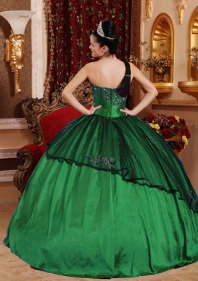 Dark Green Ball Gown One Shoulder Quinceanera Dresses with Beading  Appliques