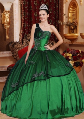 Dark Green Ball Gown One Shoulder Quinceanera Dresses with Beading  Appliques
