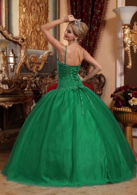 Dark Green Ball Gown Spaghetti Straps Quinceanera Dresses with Beading