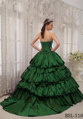 Dark Green Ball Gown Sweetheart Court Train Quinceanera Dresses with Appliques