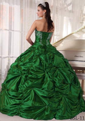 Dark Green Puffy Strapless 2014 Quinceanera Gowns with Embroidery