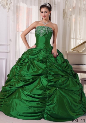 Dark Green Puffy Strapless 2014 Quinceanera Gowns with Embroidery