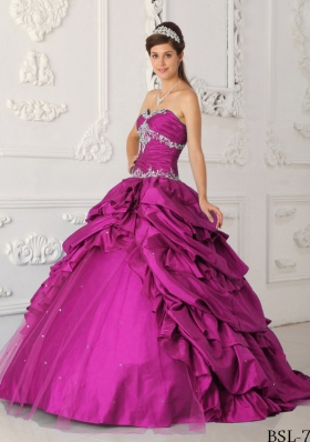 Fuchsia A-Line Sweetheart Taffeta and Tulle Quinceanera Dress with Appliques